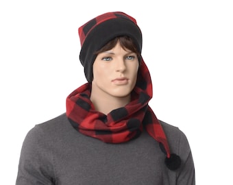 Long Stocking Cap Buffalo Plaid Around Scarf Hat Fleece Red Black Checked Black Headband and Pompom Adult Men Women