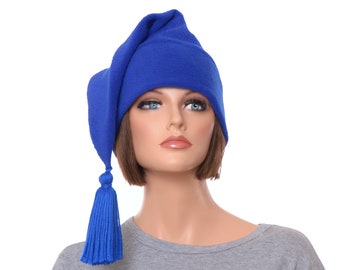 Stocking Cap Royal Blue with Tassel Long Pointed Beanie Hat Adult Man Women Handmade Fleece Hat