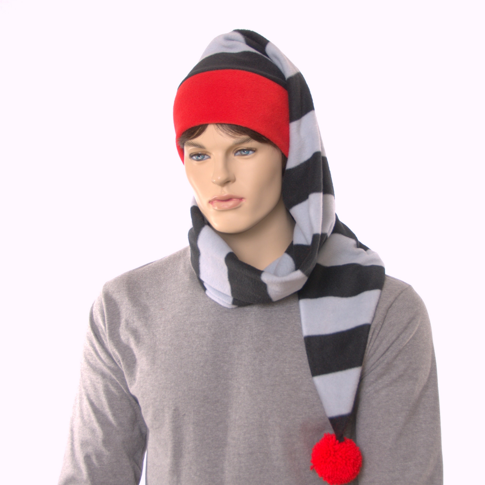 Long Stocking Cap Black Gray Striped Wrap Around Scarf Hat With Red