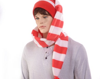 Holiday Stocking Cap Red White Stripe Extra Long Christmas Candy Cane Stripe Wrap Around Scarf Hat  With Pompom Adult Men Women