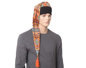 NightCap Orange Tribal Print Pointed Hat Cotton Night Cap Elf Tassel Pompom Adult Men Women Festival  Hat
