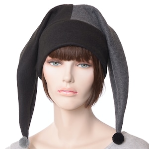Harlequin Jester Cap in Gray Black Fleece with Two Tails Pompom Dark Colors Clown Cosplay Adult Men Women Goth Hats Renaissance Fair