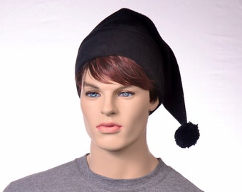 Black Stocking Cap Made of Fleece Pompom Goth Long Pointed Beanie Dark Elf Hat Pompom Goblin Gothic Adult Men Women Cosplay