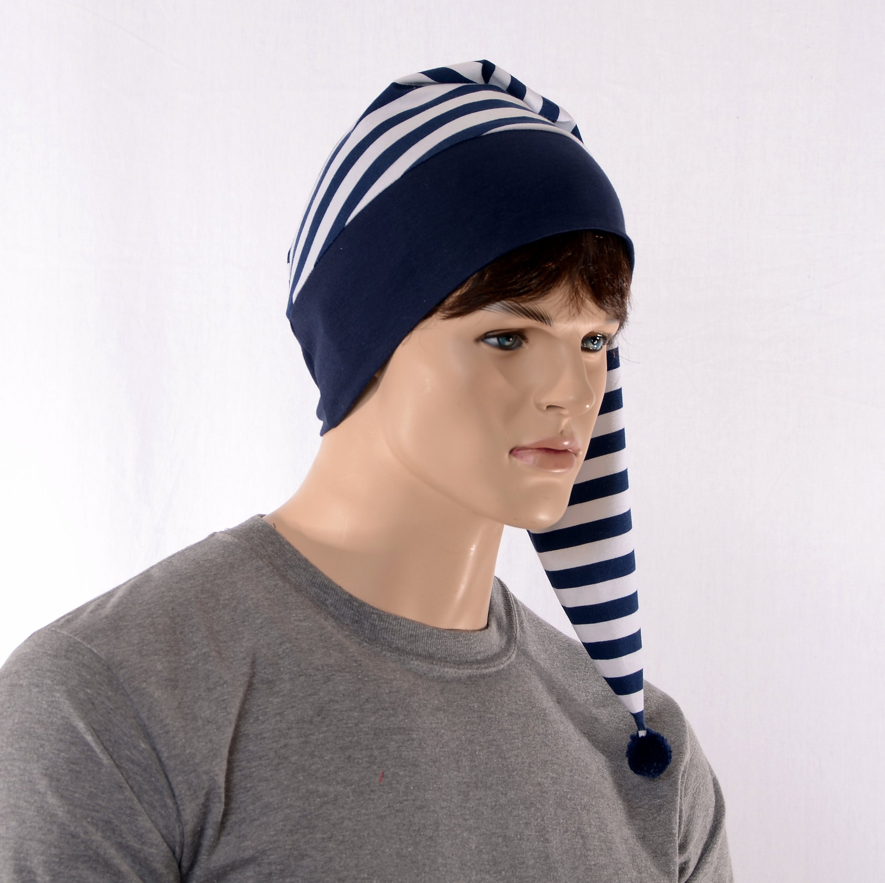 Night Cap Navy White Striped Nightcap with Pompom Cotton Adult Men ...