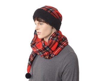 Scarf Hat Plaid Long Stocking Cap Red Black Coil Pompom Sherpa Headband Wrap Around Fleece Faux Fur Adult Men Women