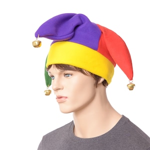 Jester Hat Green Purple Red with Gold Jingle Bells Fleece Harlequin Cap Fools Adult Men Women Unisex Three Pointed Beanie Tail Hat Cosplay