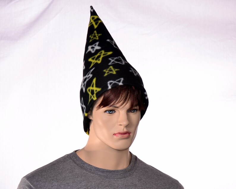 Black Wizard Hat with 5 Pointed Stars in White and Yellow Tall Pointed Cap Fleece Mens Costume Hat Magicians HatLong