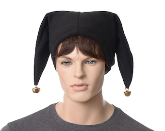 Black Jester Hat Three Pointed Made of Fleece Adult Men Women Bells Court Fool Harlequin Renaissance Fair Cosplay Costume