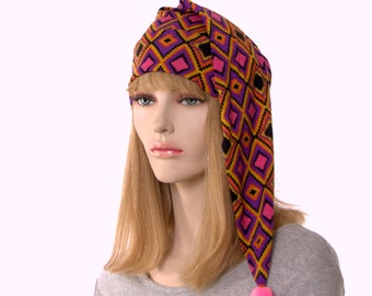 Boho Nightcap Pink Black Aztec Geometric Print Long Pointed Hat Unisex Adult Night Cap