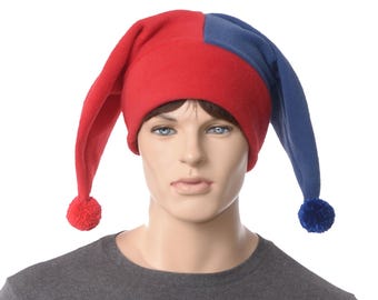 Custom Order Jester Hat Red Blue Two Point with pompoms Manga Anime Fleece Harlequin Cap Cosplay Adult Men Women Comic Fools Cap