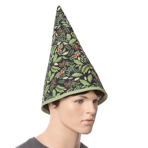 Gnome Hat: Quilted Cotton Cottagecore  Black withHolly Print Costume Cap Adult Men Women