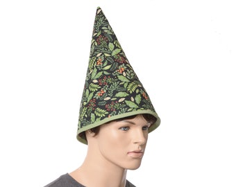 Gnome Hat: Quilted Cotton Cottagecore  Black withHolly Print Costume Cap Adult Men Women