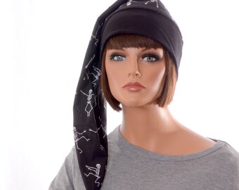 Nightcap Goth Black White Dancing Skeleton Night Cap Pompom Unisex Adult Men Women Cotton Sleep Hat Shoulder Length