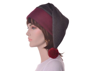 Stocking Cap Pompom Burgundy Gray Elf Hat Man Women Adult Fleece Maroon Pointed Beanie Hat Handmade Warm Winter Hat