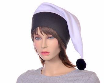 Stocking Cap Black White Pointed Elf Hat Adult Mens Women Unisex Fleece Pompom