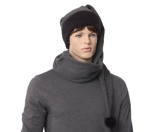 Stocking Cap Gray Black Extra Long Wrap Around Scarf Hat Pompom Made of Fleece Adult Man Woman Warm Winter Hat Dark Goth