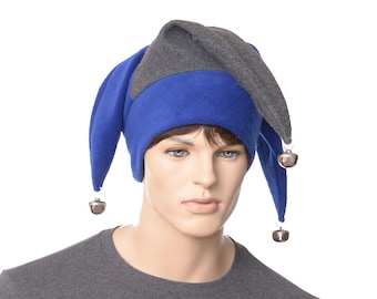 Jester Hat Blue Gray with Silver Bells Fleece Harlequin Cap Fool Three Pointed 3 Tail Ren Fair Cosplay Adult Men Women