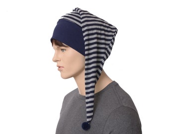 Night Cap Navy Blue Gray Striped Cotton  Nightcap with Pompom Adult Men Women Maroon Chemo Stuffing Stuffer Gift