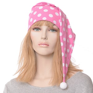 Pink Polka Dot Night Cap: Handmade Cotton Sleep Hat with PomPom