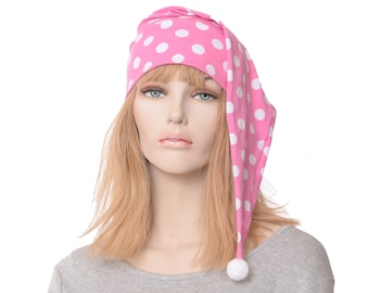 Night Cap Pink and White Polka Dot Pointed Nightcap with Pompom Cotton Adult Men Women Handmade Sleep Hat