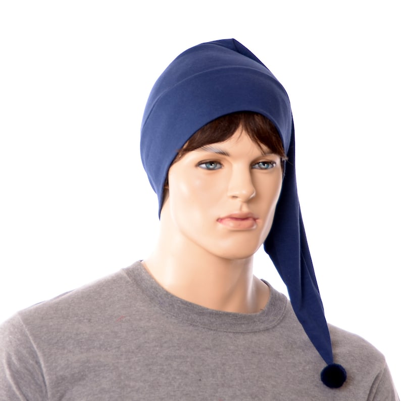 Night Cap Navy Blue Pointed Nightcap with Pompom Cotton Adult Men Women