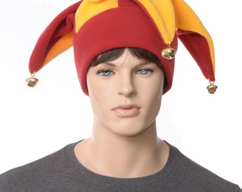 Fleece Jester Hat: Red & Yellow Harlequin Cap with Jingle Bells
