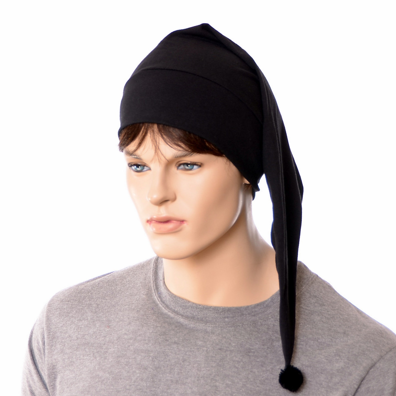 Night Cap Black Cotton Pointed Nightcap With Pompom Adult Men Women