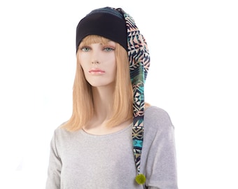 Boho Nightcap Cotton Tribal Print Extra Long with Tassel for Adult Men Women Elf Cap