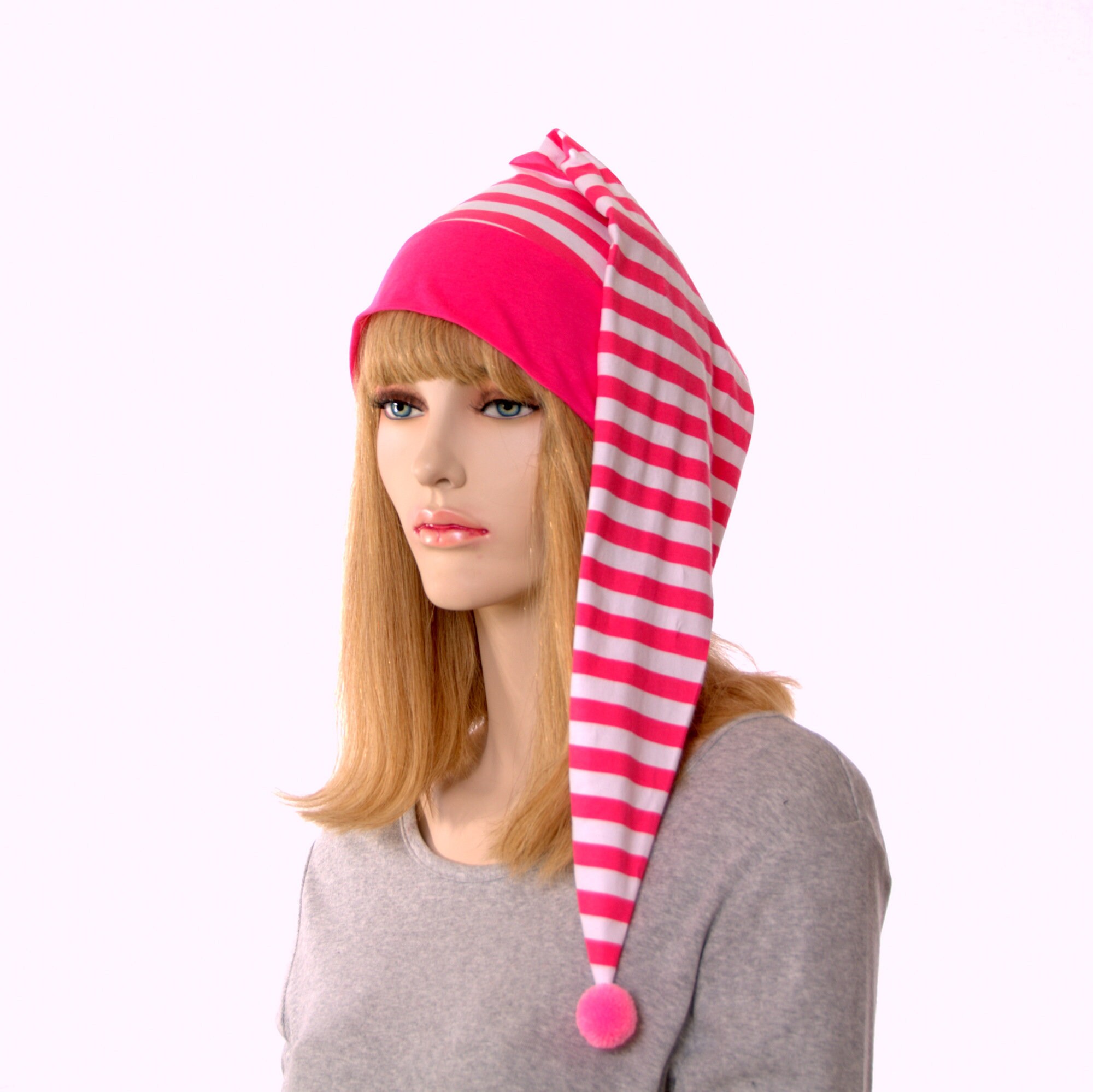 Nightcap Hot Pink White Striped Night Cap With Pompom Cotton Adult Men Women