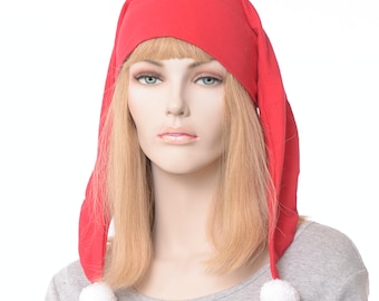 Jester Hat Harlequin Cap Lightweight Cotton Red White Pompom Two Tail Cotton Mardi Gras Carnival Cosplay