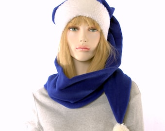 Stocking Cap Extra Long Royal Blue Sherpa Headband Pompom Scarf Hat Wrap Around Fleece 5 foot long Adult Men Women