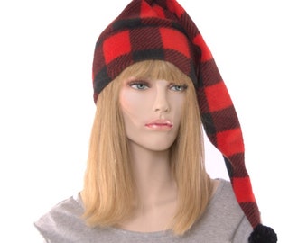 Stocking Cap Buffalo Plaid Red Black Checked Fleece Pompom Christmas Holiday Hat Long Pointed Tail Adult Men Women Gift for Him Her