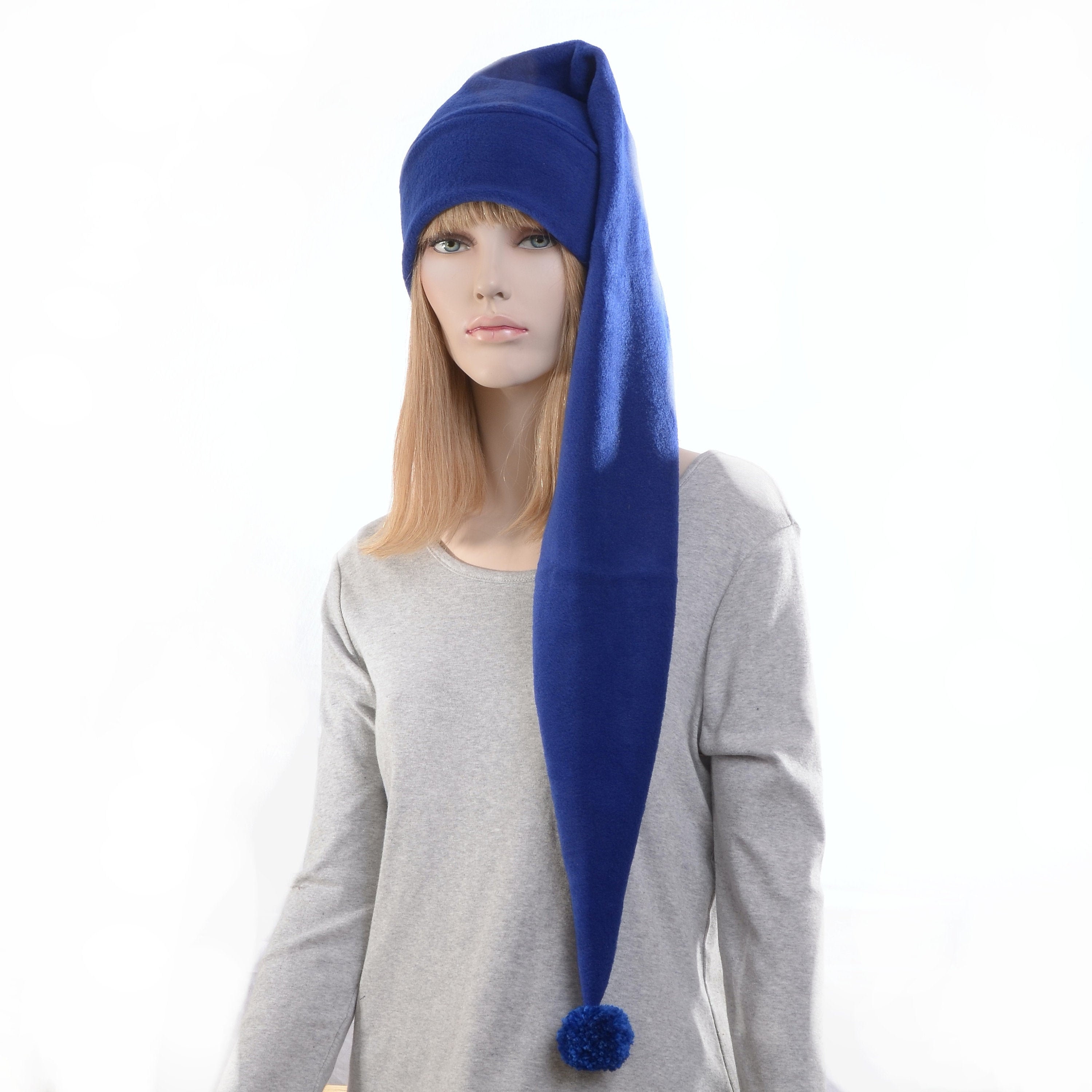 Extra Long Stocking Cap Royal Blue PomPom Goth Santa Hat Long Tail Hat