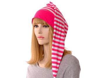 NightCap Hot Pink White Striped Night Cap with Pompom Cotton Adult Men Women