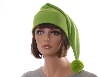 Green Stocking Cap with Pompom Bright Lime Long Pointed Beanie Hat Forest Tail Hat Adult Man Women Fleece Hat