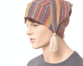 Soft Nightcap – Traditional Striped Knit Sleep Hat with Tassel, Unisex Victorian-Style Lounging Cap