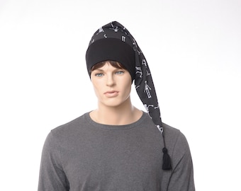 Goth Nightcap – Lightweight Cotton Sleep Hat with Long Tail Tassel • Dancing Skeleton Print Bedtime Cap