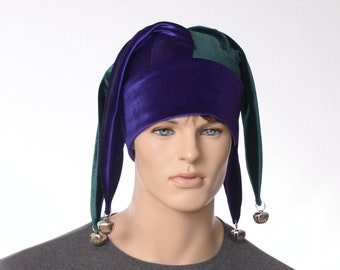 Custom Order for Troy Velvet Jester Hat Green Purple with Silver Bells Four Pointed Tails Harlequin Cap Cosplay