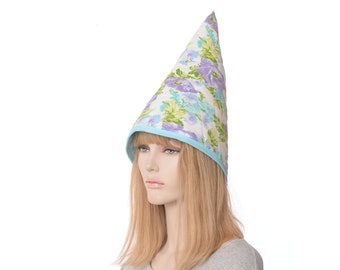 Gnome Hat Quilted Cotton Floral Blue Purple Tall Pointed Cap Halloween Costume Wizard Witch Adult Men Women
