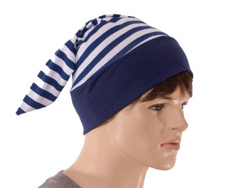 Striped Night Cap Navy Blue White Pointed Pompom Unisex Adult Men Women Cotton Nightcap Hat to Sleep Handmade