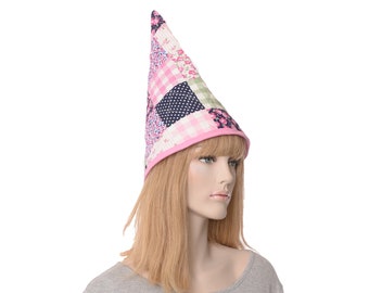 Gnome Hat Quilted Cotton Mosaic Floral Patchwork Look Tall Pointed Cap Halloween Costume Wizard Kitchen Witch Adult Men Women