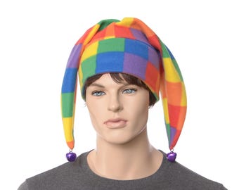 Color Block Jester Hat: Handmade Fleece Harlequin Costume with Bells