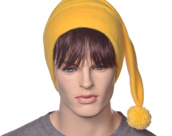 Yellow Stocking Cap Fleece Hand Tied PomPom Pointed Elf Hat Beanie Adult Men Women Cosplay Gift for Him Her