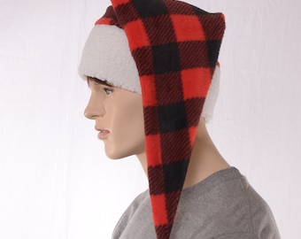 Buffalo Plaid Fleece Santa Stocking Cap: Sherpa Headband, Pompom Winter Hat
