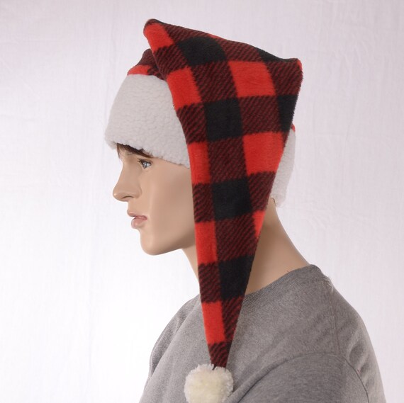 Long Santa Hat Buffalo Plaid Fleece 