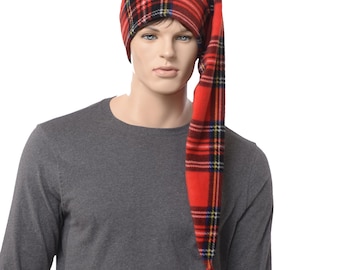 Red Plaid Fleece Stocking Cap: Extra Long Tassel or Pompom Adult Men Women Elf Hat