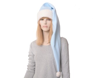 Stocking Cap Light Blue Cream Sherpa Extra Long Waist Length Pointed Hat Fleece Santa Elf Hat Goth Adult Men Women Warm Winter Hat