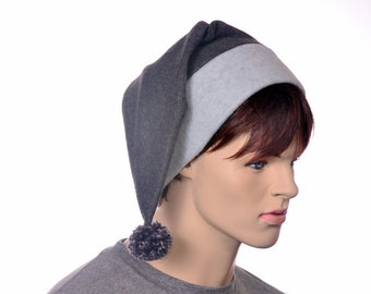 Dark Gray Stocking Cap Long Pointed Beanie Hat Fleece Adult Men Women Pompom Pointy