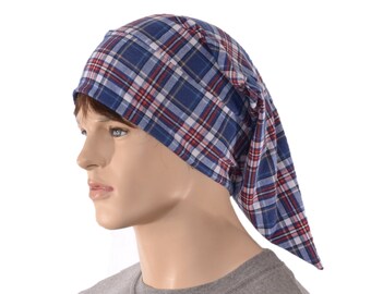Plaid Night Cap Blue Red White Tan Tartan Pointed Nightcap Cotton Adult Men Women Hat to Sleep in