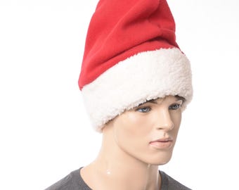Santa Hat – Red Barrentina Fleece Hat with Ivory Sherpa Cuff, Cozy Christmas Winter Hat for Adults Fisherman